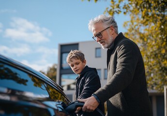Electric Car Charging: A father and son, engaged in the sustainable act of charging an electric vehicle at home. a hopeful glimpse of a greener tomorrow.