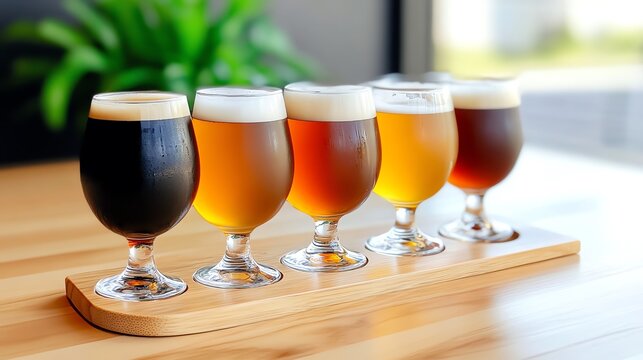 A colorful display of craft beer samples in elegant glasses showcasing diverse flavors.