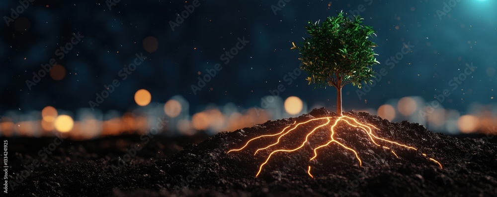 Poster a glowing tree with illuminating roots stands out against a dark background, symbolizing growth and 