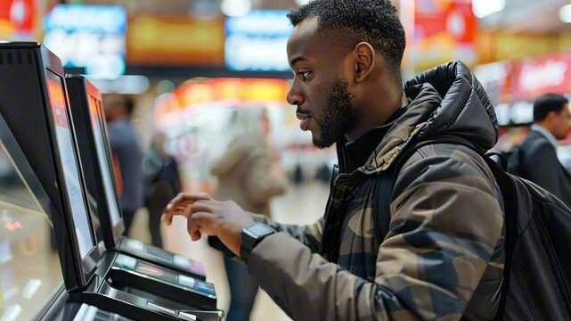 Afro american man using a self-checkout SCO machine in a supermarket, scanning groceries and making a contactless payment at an ACO POS system