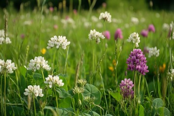 Beautiful White and Purple Clover Flowers in Summer Meadow Blooming Nature Springtime Wildflowers Field Green Grass Botanical Background Floral