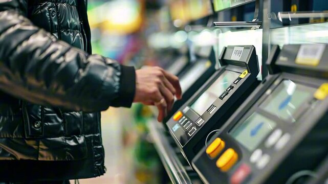 Close-up of a person using a self-checkout SCO machine in a supermarket, pressing buttons on the touchscreen for payment processing. Automated checkout ACO system with a POS interface in modern retail