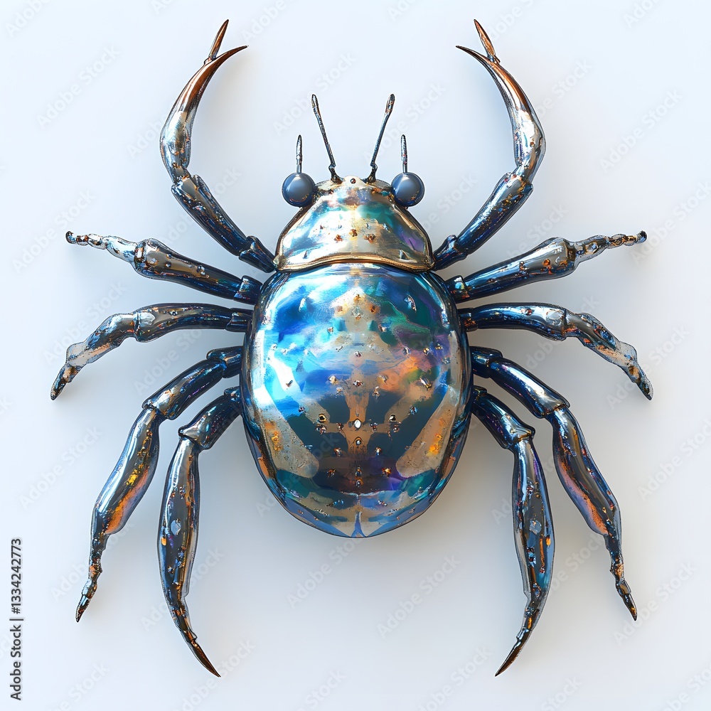 Poster a detailed macro photograph of a metallic blue beetle, showcasing its iridescent exoskeleton and int