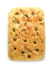 Delicious focaccia bread with olives and thyme isolated on white, top view