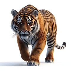 Obraz premium A stunning 3D render of a Bengal tiger walking towards the viewer. Its powerful presence and detailed fur are captivating. Isolated on white background. Majestic Tiger