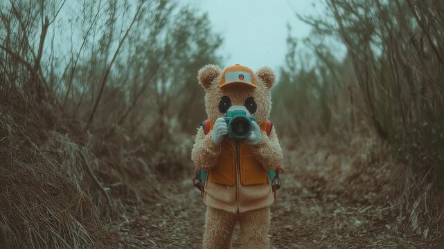 Teddy bear toy dressed as tourist with camera and backpack walking in autumn forest for travel, adventure and exploration concept. Cute character on hiking trip with cozy outdoor style