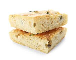 Pieces of delicious focaccia bread with olives and thyme isolated on white