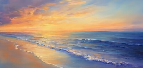 Vibrant sunset sky with soft beach waves high resolution picture
