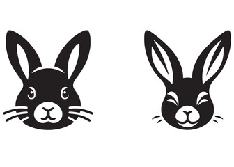 Cute and happy rabbit face silhouette vector, bunny face logo silhouette, rabbit face vector black silhouette, bunny head logo icon silhouette, vector black bunny head isolated on white background 
