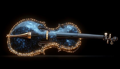 A luminous celestial violin glows brightly against a black background