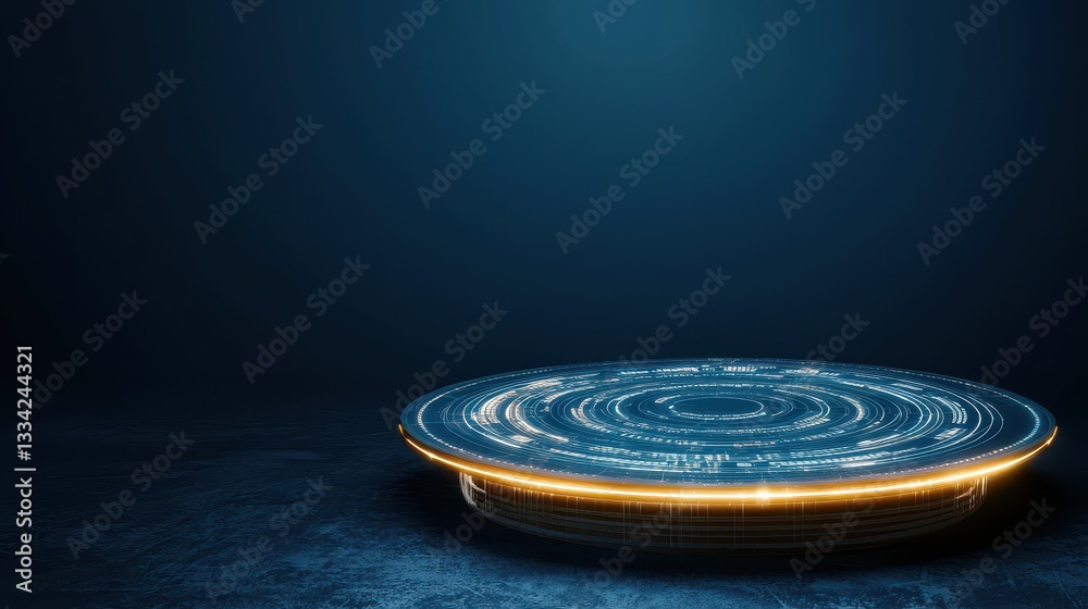 Poster a futuristic, illuminated platform against a dark backdrop, suggesting a sense of advanced technolog