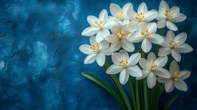 A Spring Delight: The Elegance of Scilla Siberica Flowers Set Against a Serene Blue Paper Backdrop for an Inspirational Design