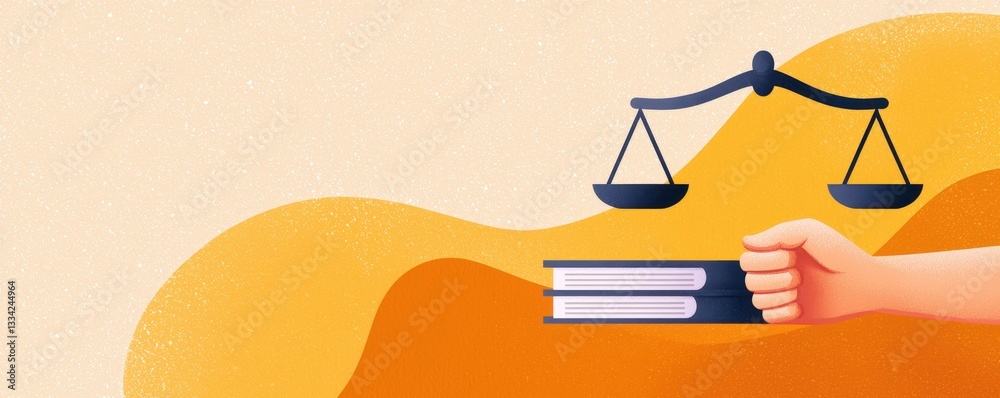 Poster a graphic representation of a hand holding books with a scale symbolizing justice, set against a col