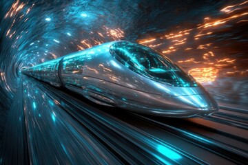 Futuristic high-speed train speeding through a vibrant, glowing tunnel.