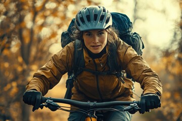 A female mountain biker rides through an autumnal forest, wearing a helmet and backpack.