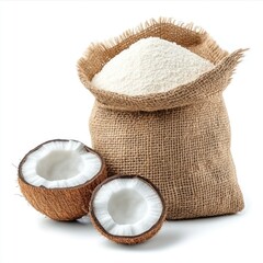 A burlap sack of white rice and a brown jute bag of raw coconut, isolated closeup