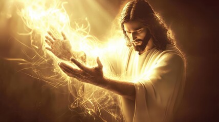 A gentle 3D render of Jesus in a flowing white robe, extending His hands with a warm, glowing aura, radiating peace and compassion in a soft, ethereal atmosphere.