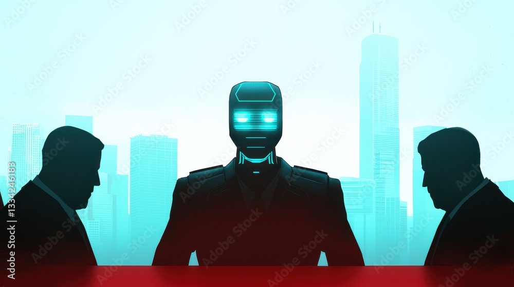 Poster a futuristic scene featuring a robot flanked by two men, set against a city skyline with soft blue a