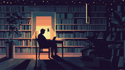 A stylized digital illustration depicting a person sitting at a desk in a dimly lit room. The room is lined with bookshelves filled with books, creating a library-like atmosphere. The person is
