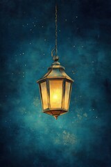 Glowing lantern hanging against a dark blue night sky.