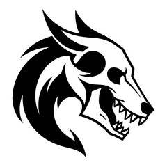 Elegant Professional Logo Style of Wolf Monster Head Skull Black and White Outline Line Art Drawing