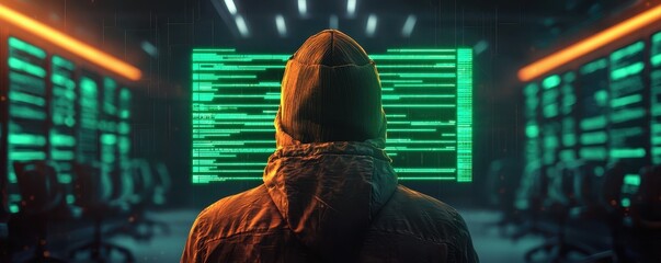 A hooded figure faces a glowing screen in a dark room filled with computer equipment, suggesting a high-tech, cyber environment.