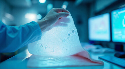 Scientist handling a flexible sheet of bioengineered artificial skin in a high-tech laboratory, advancing biotechnology and regenerative medicine. Concept of medical innovation, tissue engineering, an