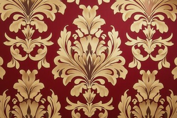 Elegant gold floral pattern on deep red background creates a luxurious atmosphere for interior decor and design projects