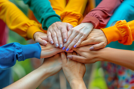 Stack of hands showing unity and teamwork