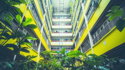 Lush Courtyard, Yellow Building, Asian City, Laundry Drying