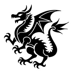 Naklejka premium Elegant Full Body Dragon Logo Black and White Outline Line Art Drawing Professional Engraving Style