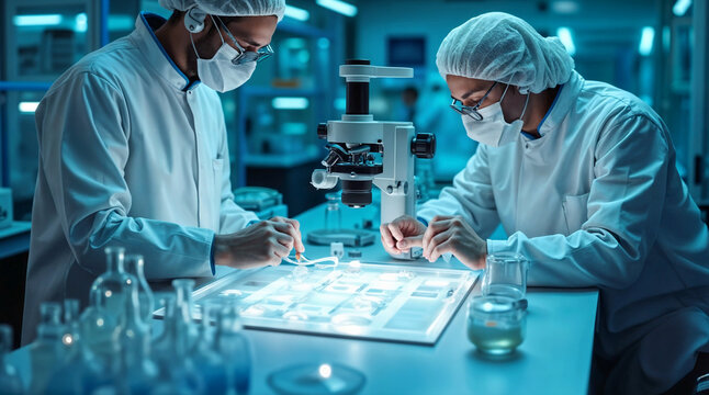 Two scientists in protective gear conducting advanced bioengineering research on artificial skin samples in a high-tech laboratory. Concept of medical innovation, biotechnology, and regenerative medic