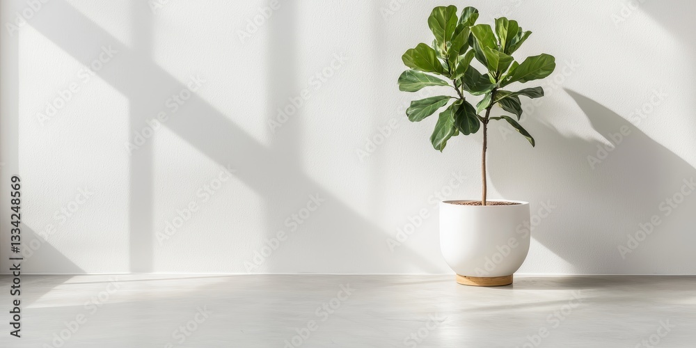 Poster a small potted plant with broad leaves sits on a light floor, casting shadows against a bright wall,
