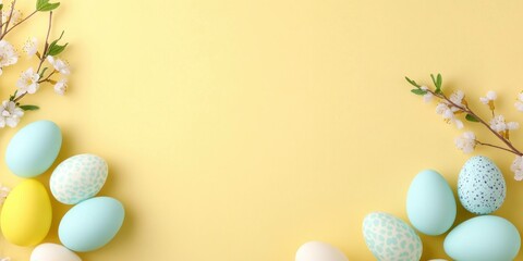 Colorful Easter eggs surrounded by delicate spring flowers on a soft yellow background, symbolizing renewal and festive celebrations