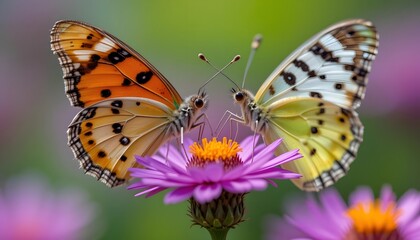Obraz premium Butterflies on a Vibrant Flower with Blurred Green Background