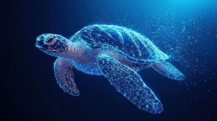 Fototapeta premium Low-poly sea turtle swimming in deep blue ocean.