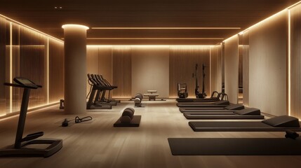 A boutique-style minimalist gym with warm lighting, neutral tones, and state-of-the-art equipment.