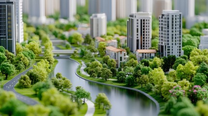Fototapeta premium Modern City Model With Lush Green Parks And River