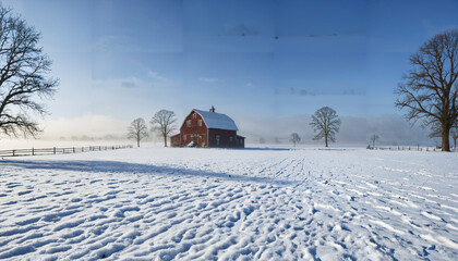 Sc&egrave;ne paisible d'une ferme sous la neige