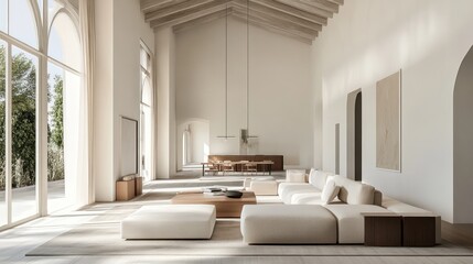 A bright and open living area with neutral tones, minimalistic furniture, and an airy, high ceiling.