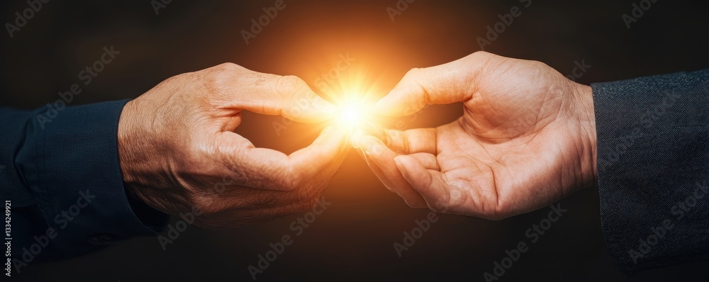 Poster Two hands gently reaching towards each other, creating a glowing light between them, symbolizing connection, unity, or shared energy.