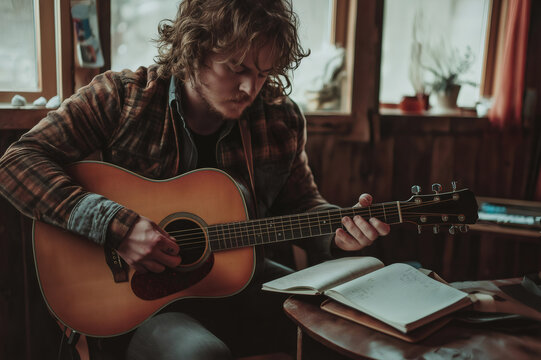Singer songwriter strums a guitar while composing music in a rustic cabin, surrounded by natural light and musical inspiration