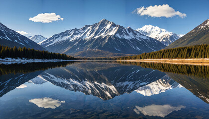 Fototapeta premium Le reflet d'un lac calme sur un paysage montagneux enneigé