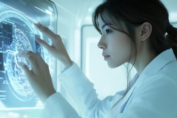 A female scientist meticulously examines complex data on a futuristic interface, deeply engrossed in her research.