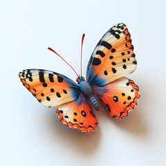 Obraz premium A stunning close-up of a vibrant butterfly with orange, black, and blue wings against a white background. The detail is exquisite. Isolated on white background. Adorable Baby Cute Butterfly