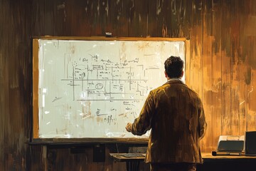 A man contemplates a whiteboard filled with complex diagrams and equations, lost in thought and problem-solving.