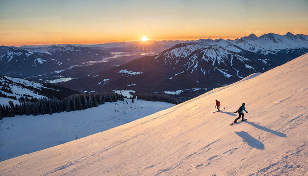 Le coucher du soleil sur la montagne enneig&eacute;e