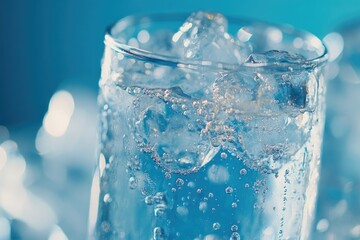 Close-up of a glass filled with sparkling water and ice cubes, refreshing and cool.