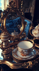 Elegant gold teacup and saucer on ornate table, reflected in gilded mirror, luxurious room background; perfect for home decor or lifestyle blogs