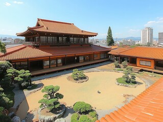 Obraz premium Japanese temple courtyard garden with raked sand and manicured shrubs, Tokyo, Japan